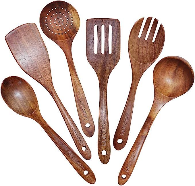 GEEKHOM Wooden Utensils Set of 6, Large Kitchen Cooking Utensil for Non Stick Cookware, Natural T... | Amazon (US)