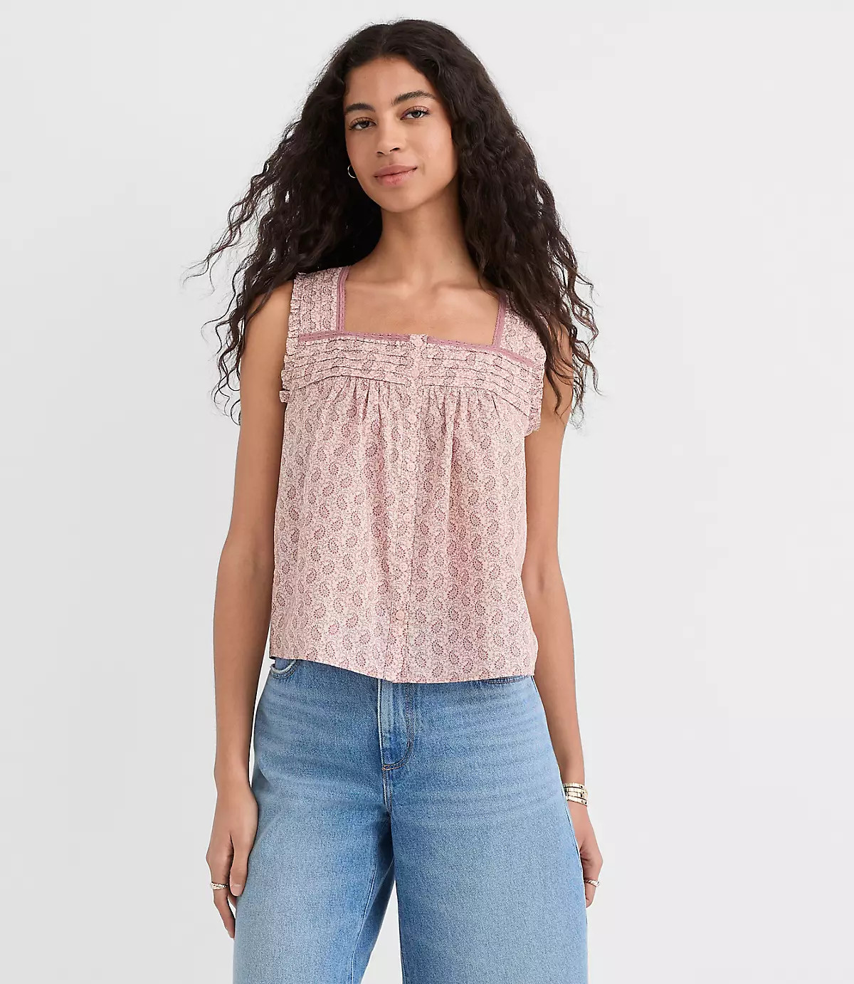 Paisley Pintucked Square Neck Blouse | LOFT