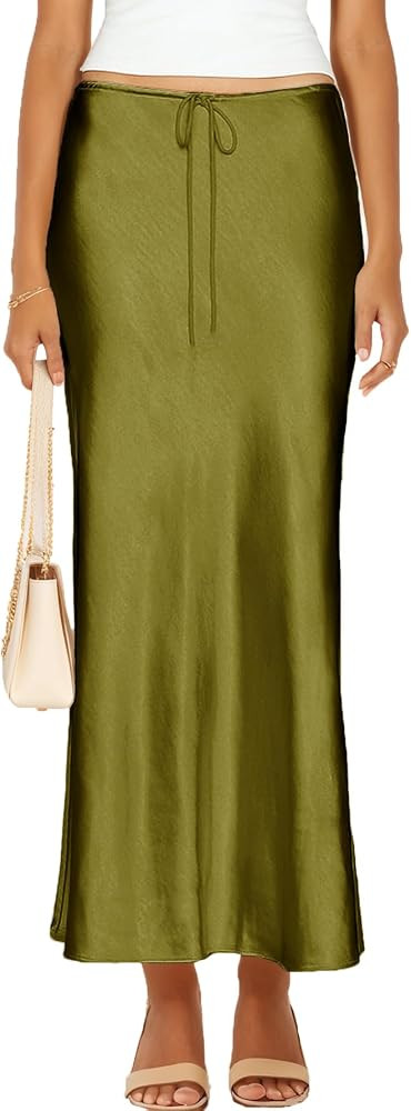 Womens Satin Silk Maxi Skirts Drawstring Casual A-Line Long Skirt | Amazon (US)