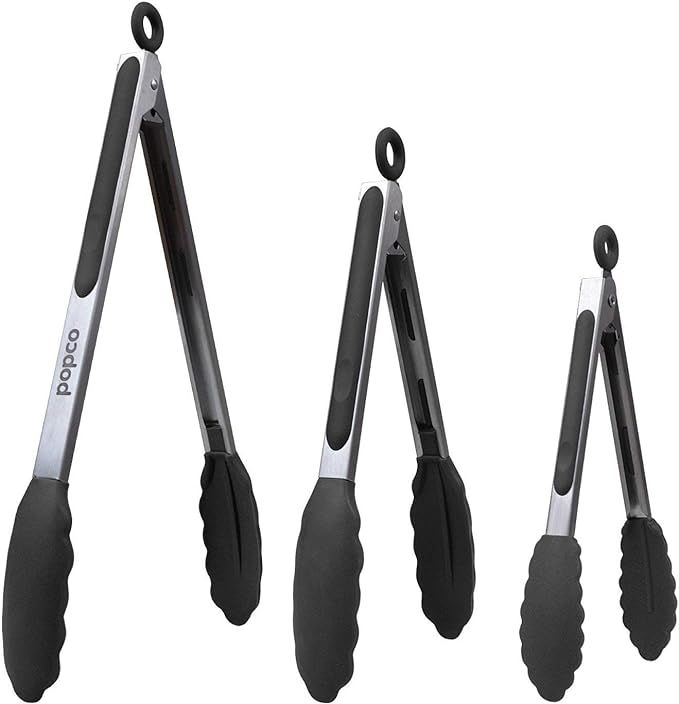 Popco Silicone Tongs for Cooking Grilling (3 food tongs x 7/9/12") Heavy Duty Stainless Steel BBQ... | Amazon (US)