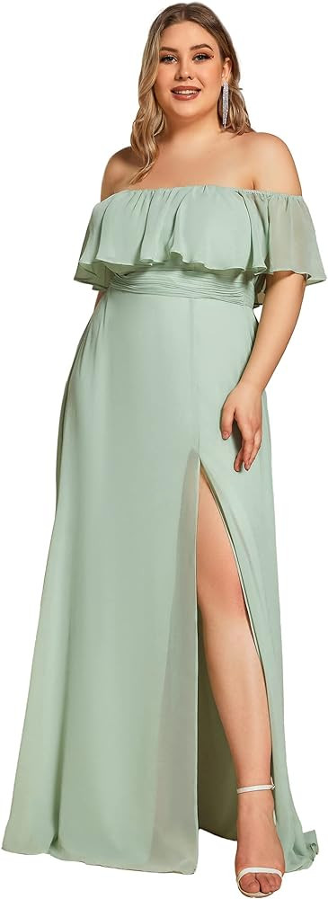 Ever-Pretty Women's Plus Size Off Shoulder Ruffle Sleeves Side Split Chiffon Floor Length Formal ... | Amazon (US)