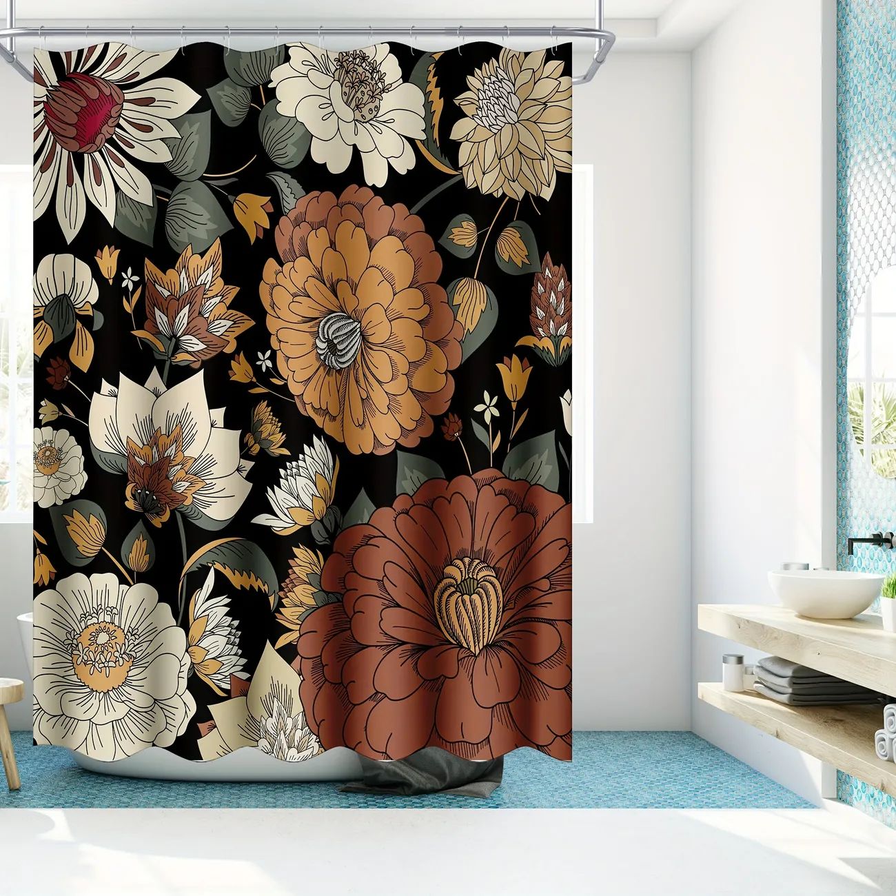 1pc Vintage Boho Floral Shower Curtain with 12 Hooks - Durable, Waterproof, and Mildew-Proof Fabr... | Temu Affiliate Program