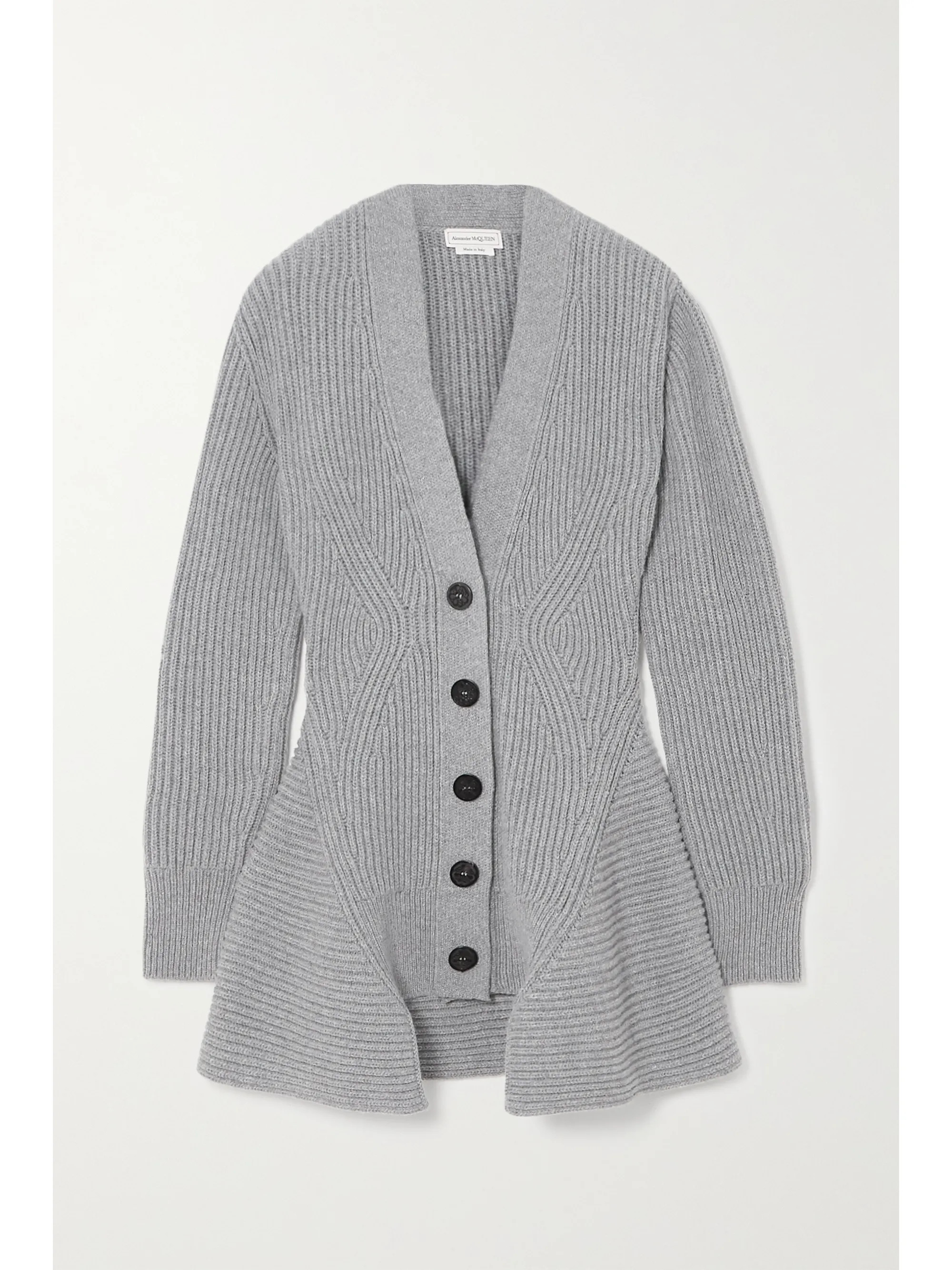Gray Asymmetric ribbed wool and cashmere-blend cardigan | Alexander McQueen | NET-A-PORTER | NET-A-PORTER (UK & EU)