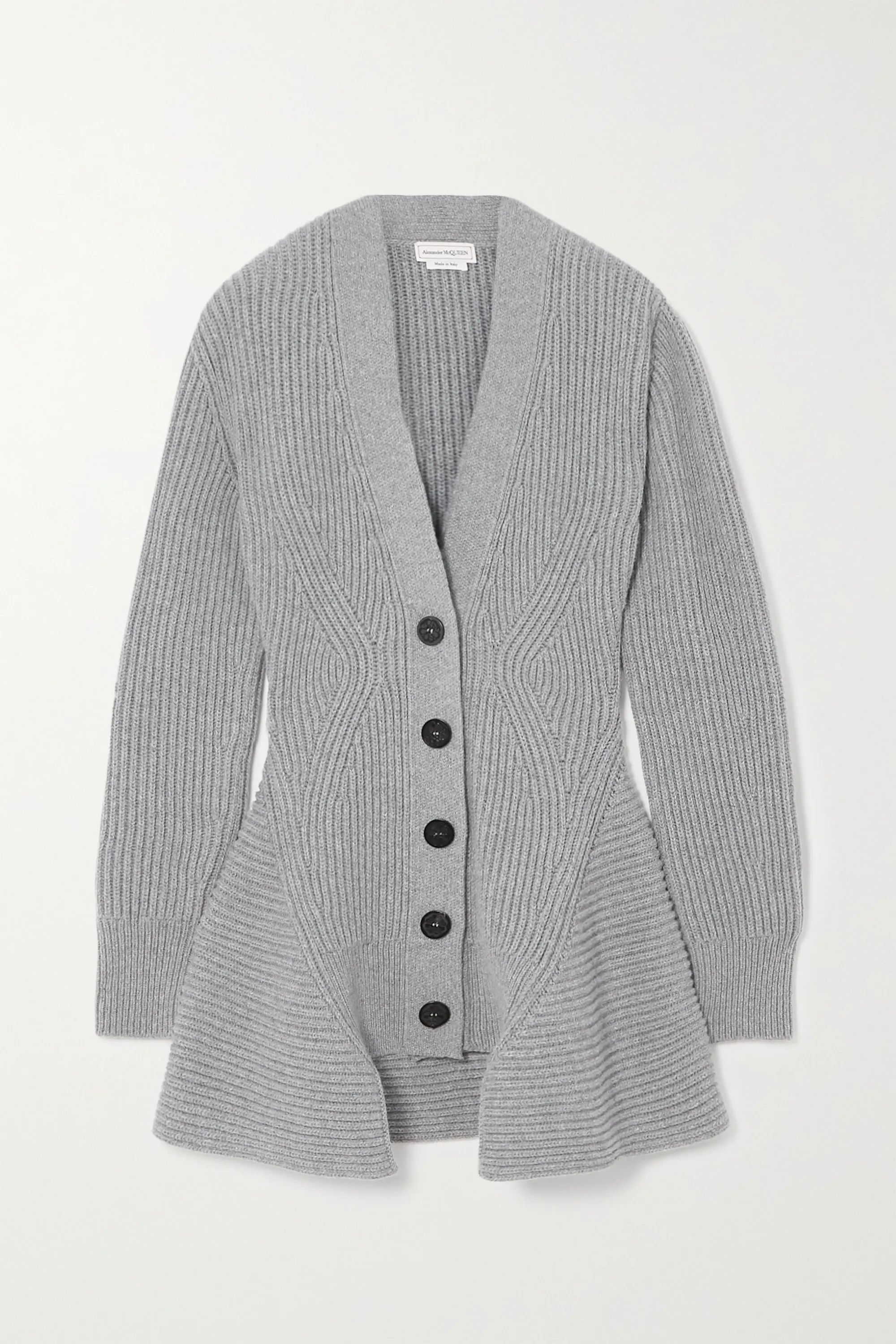 Gray Asymmetric ribbed wool and cashmere-blend cardigan | Alexander McQueen | NET-A-PORTER | NET-A-PORTER (UK & EU)