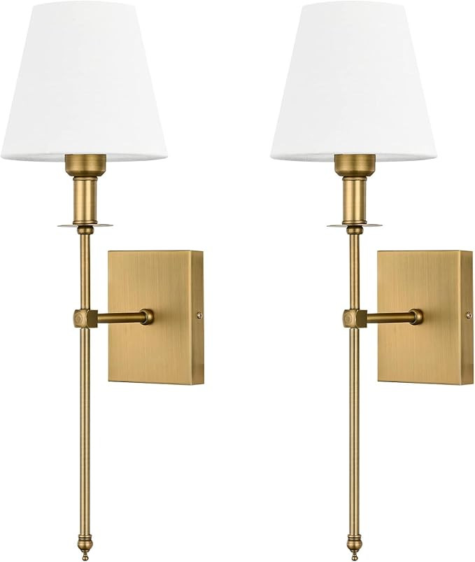 Pauwer Slim Wall Sconces Set of 2 White Fabric Shade Hardwired Indoor Light Column Stand Bedroom ... | Amazon (US)