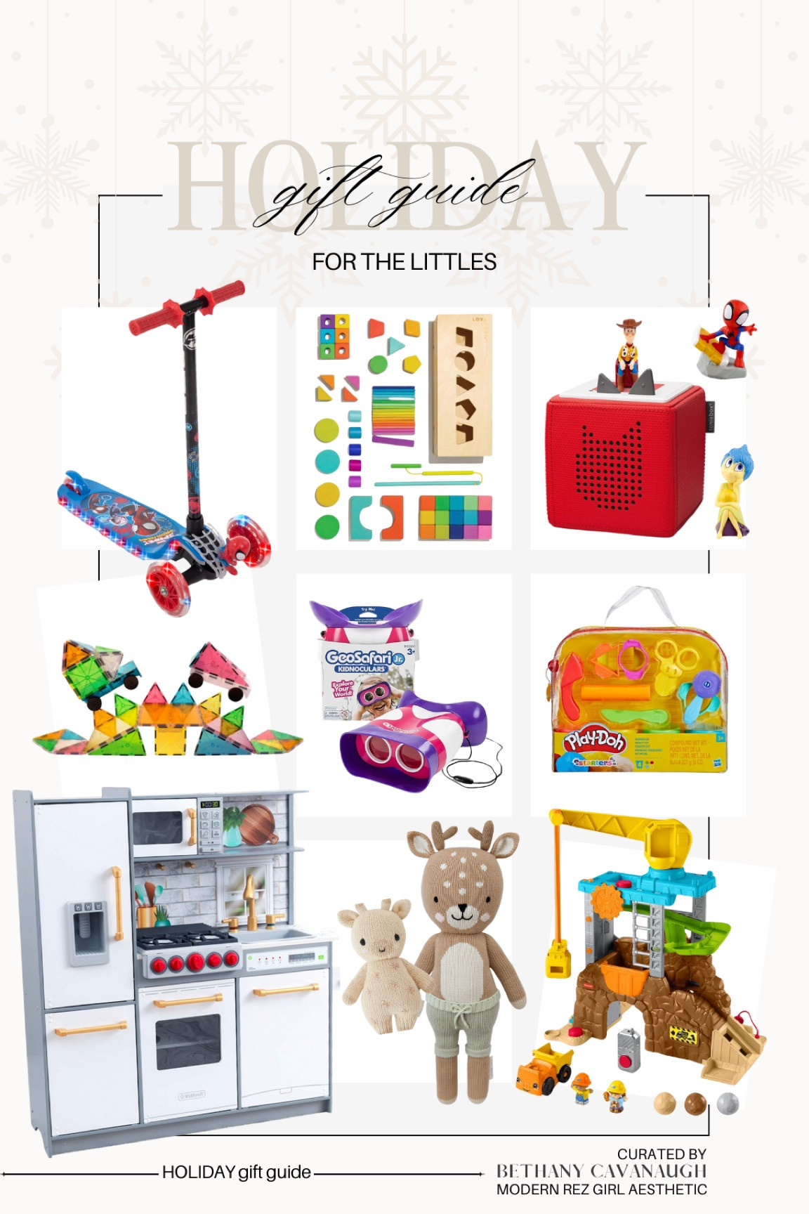 { gifts for the littles ❥

• Huffy Spidey Spider-Man Scooter 
• Lovevery The Block Set 
• Tonies Box 
• MAGNA-TILES 
• Kidnoculars 
• Play-Doh Starter Set 
• KidKraft Play Kitchen 
• Cuddle + Kind Dolls 
• Fisher-Price Little People Construction Set 

Gifts for Toddlers . Toddler Gift Guide . Toddler Gift Ideas . Screen-Free Gift Ideas . Modern Rez Girl Aesthetic . Native American Content Creator } 

#LTKCyberWeek #LTKKids #LTKGiftGuide