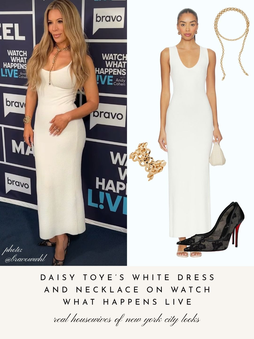 Daisy Toye's White Dress, Lariat Necklace, Gold Cuff and Black Lace Pumps on Watch What Happens Live / Photo: @BravoWWHL 

 