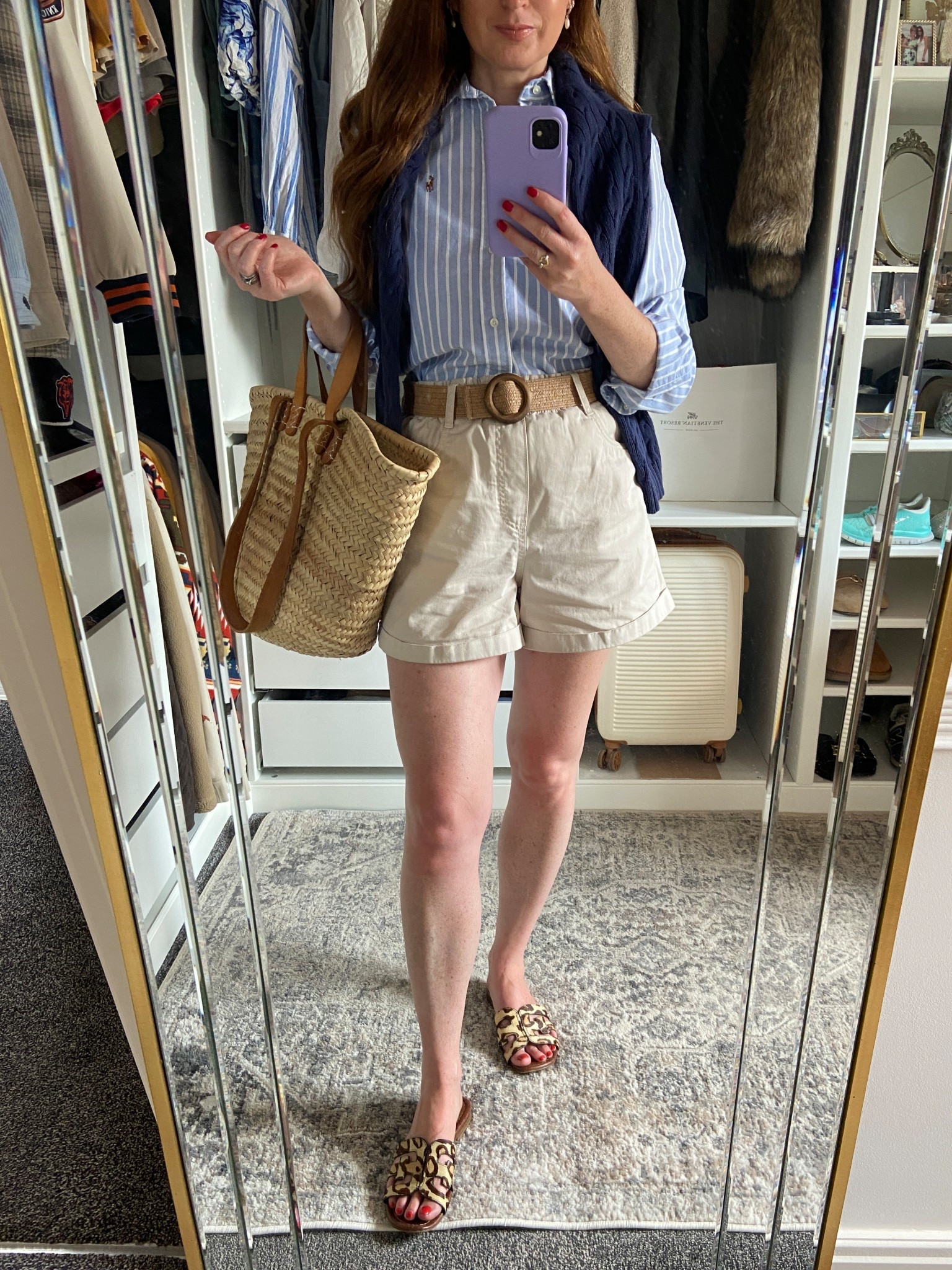 Channeling coastal grandmother elegance for the farmers market. 🌊🤍 My classic Ralph Lauren Oxford Shirt, tailored shorts, a straw tote for market finds, and leopard slides for a dash of fun. 👒🥐🧋 

#LTKOver40 #LTKStyleTip