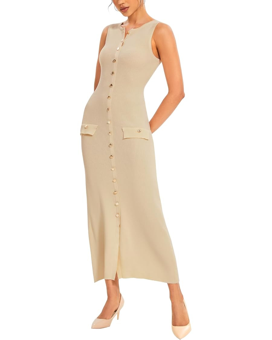 Womens Knit Maxi Dress Sleeveless Bodycon Ribbed Long Tank Dresses Elegant Button Down Workwear D... | Amazon (US)