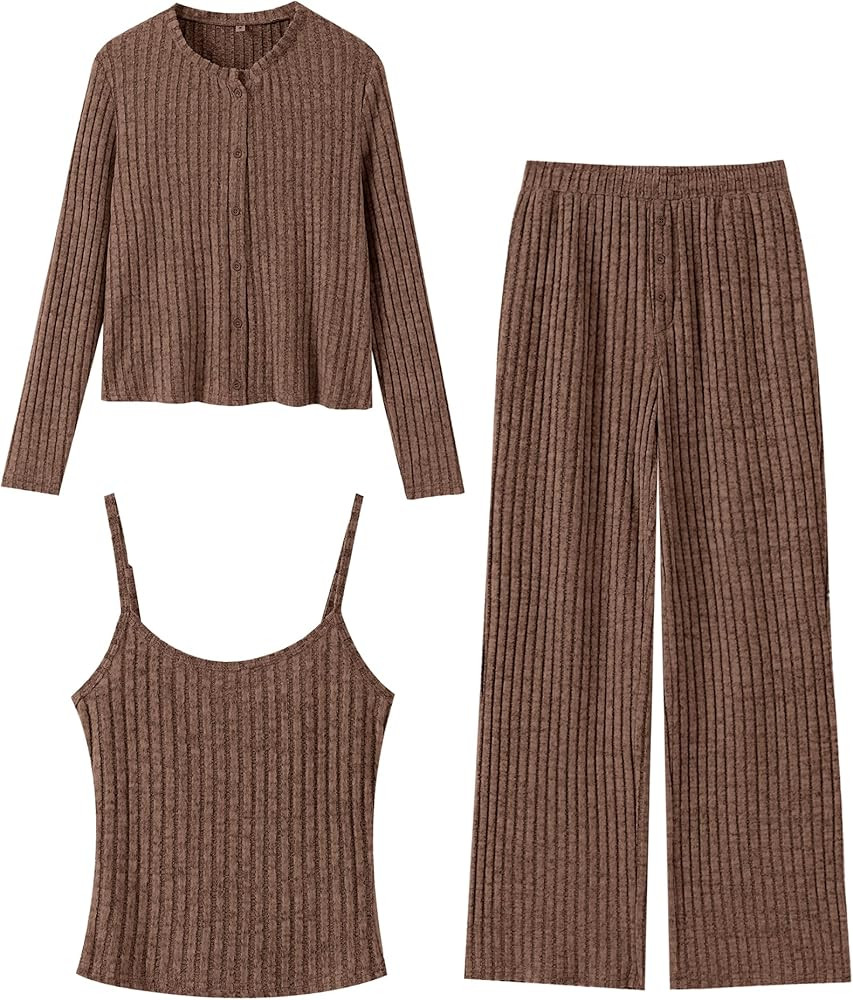 ANRABESS Women 3 Piece Lounge Pajama Sets Knit Crop Cardigan Cami Top Wide Leg Pants 2025 Fall Ou... | Amazon (US)