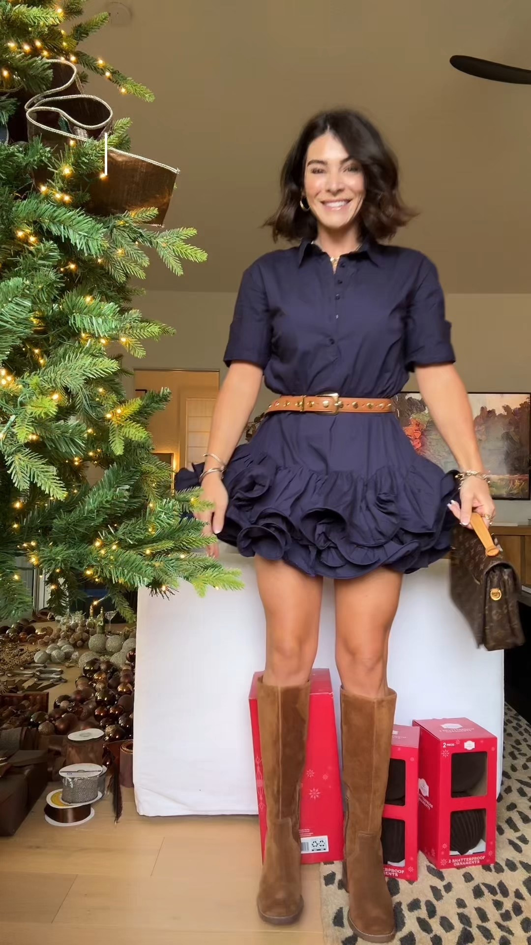 Dress is on sale!! Fits tts. Boots fit tts. Bag charm and belt are Amazon finds. #meandmrjones fall outfit ideas, fall outfit inspiration  

#LTKSeasonal #LTKSaleAlert #LTKPetite