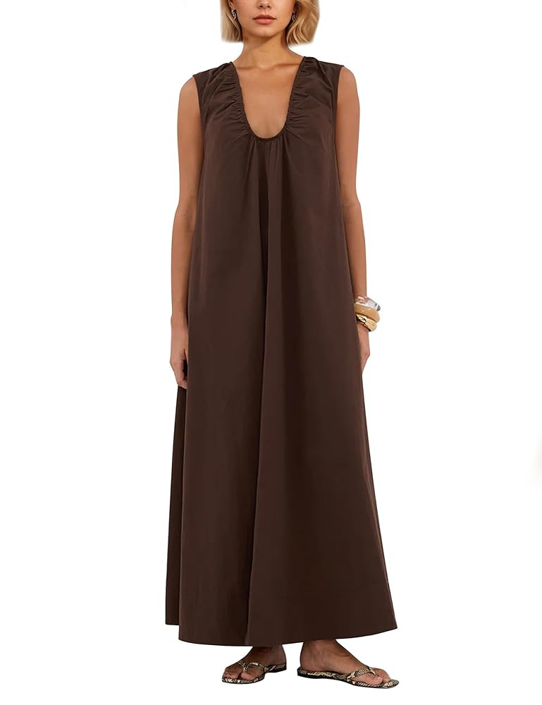 OLAPTA Women Summer Sleeveless Maxi Dress Scoop Neck Ruched Loose Fit Casual Elegant Solid Vacati... | Amazon (US)