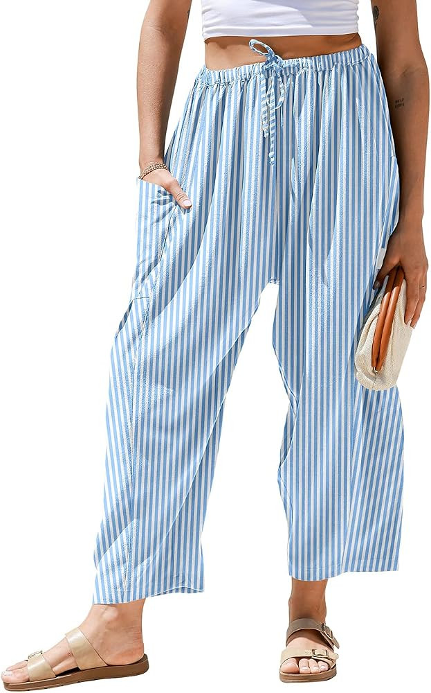 TARSE Womens Linen Wide Leg Striped Pants Casual Barrel Palazzo Harem Pants | Amazon (US)
