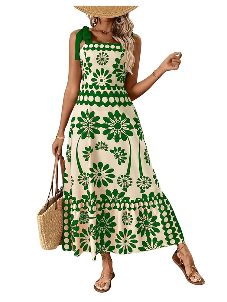 Floerns Women's Vintage Sleeveless Tie Shoulder Sundress Floral Print Cami Maxi Dress | Amazon (US)