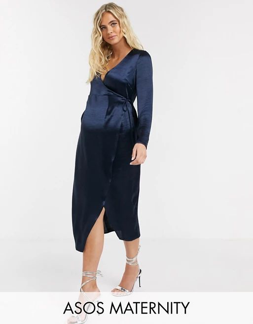 ASOS DESIGN Maternity wrap midi dress in high shine Navy satin | ASOS (Global)