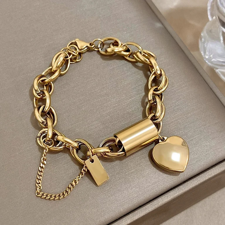 Heart Lock 14K Yellow Gold Charm Bracelet Chunky Gold Plated Chain Love Bracelets Christmas Valen... | Walmart (US)