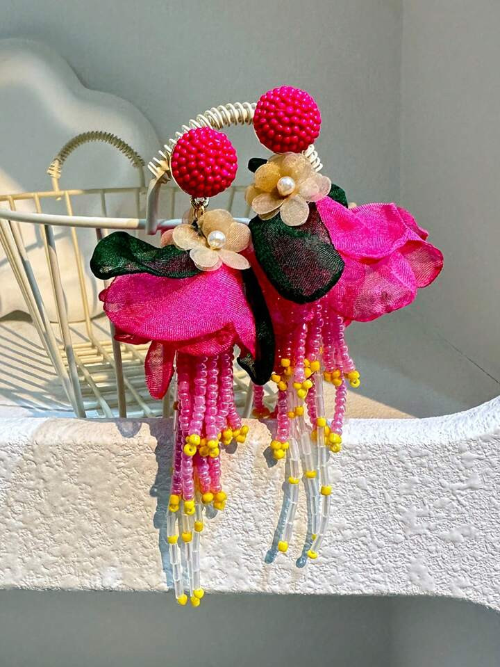 1pair Bohemian Style Beaded & Tassel & Flower Dangle Earrings | SHEIN