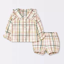 Baby Girls' Collar Plaid Long Sleeve and Shorts Set - Cloud Island\u2122 Pink 18M | Target