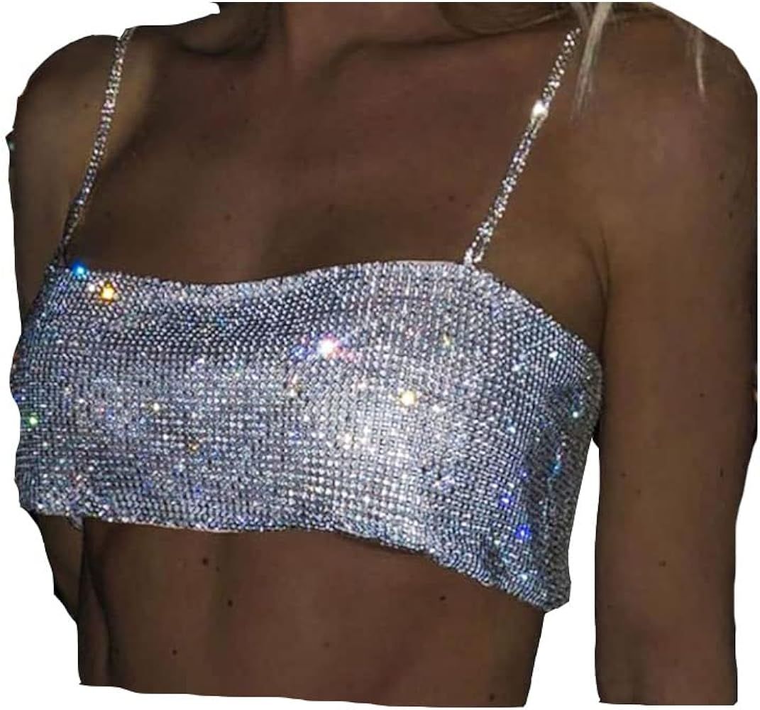 Evild Rhinestone Crop Top Silver Sparkly Party Body Chain Glitter Crystal Bra Jewelry Adjustable ... | Amazon (US)