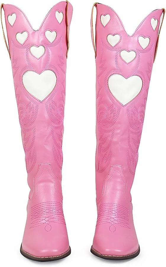 Cowgirl Women Western Boots Heart Pattern Cowboy Embroidered Comfy Women Mid-Calf Boots Shoes | Amazon (US)