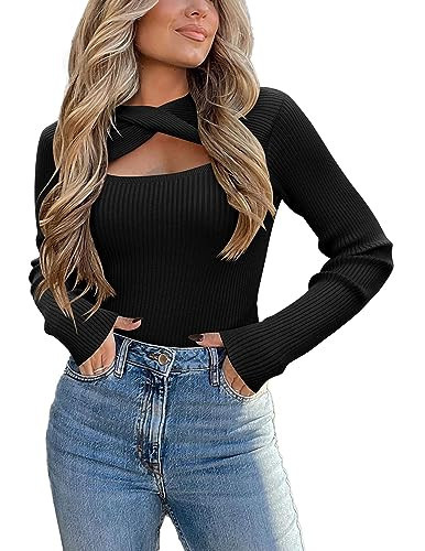 Zeagoo Sweaters for Women 2025 Knit Trendy Long Sleeve Lightweight Slim Fit Pullover Cutout Tops Black Medium | Amazon (US)