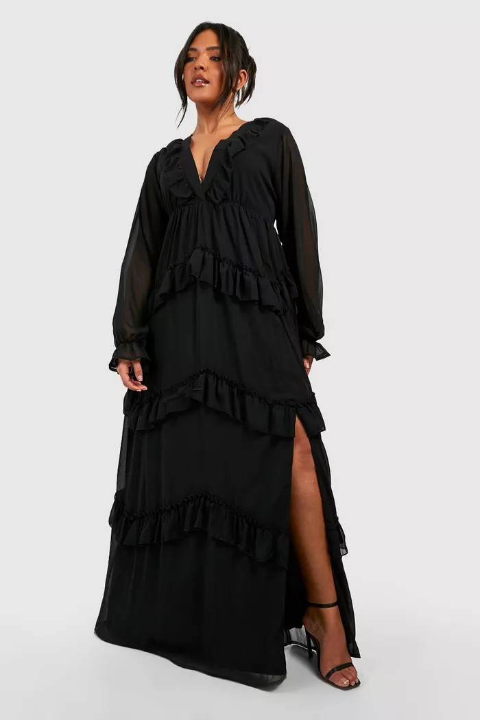 Plus Frill Plunge Ruffle Maxi Dress | Boohoo.com (US & CA)