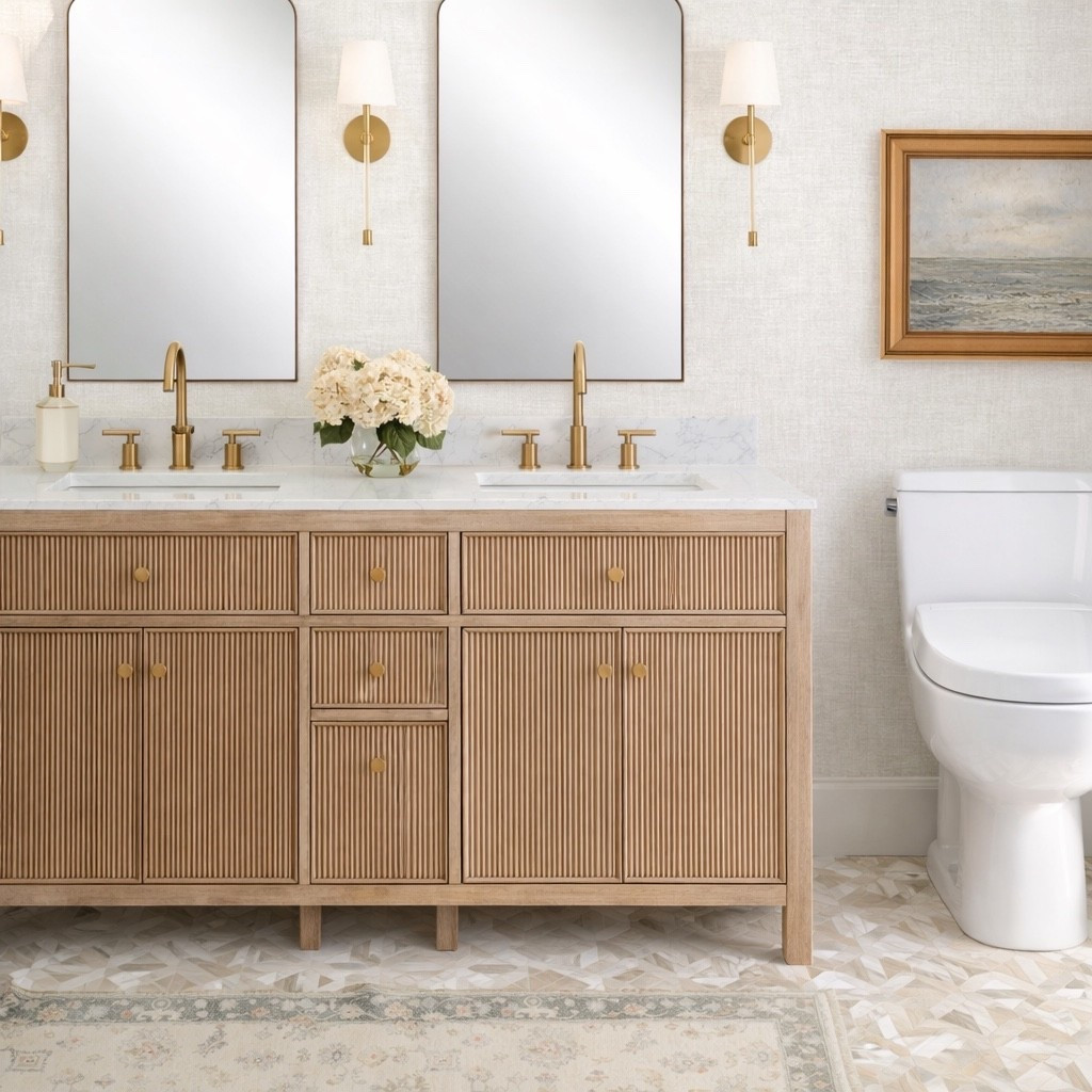 A white oak fluted vanity in multiple sizes ready to ship! 

#bathroom #vanity #oak #marble #tile #homedecor 

#LTKHome #LTKSaleAlert