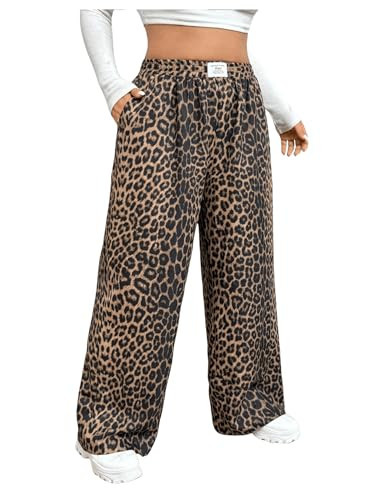 RoseSeek Women's Letter Leopard Print Straight Leg Pants Elastic Waist Y2K Trousers Bottoms with Pockets Brown X-Large Plus | Amazon (US)
