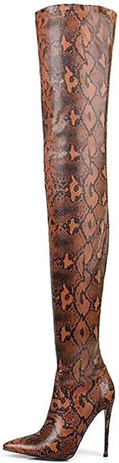 Thigh high boots Stretch boots high heel Stiletto heels Grey Over the knee boots Black Stone patt... | Amazon (US)