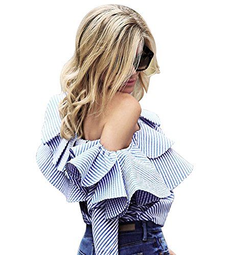 Hego Women's 2017 Striped Long Sleeve One Shoulder Ruffles Blouse Shirt Tops H3307 (L, Lightblue) | Amazon (US)
