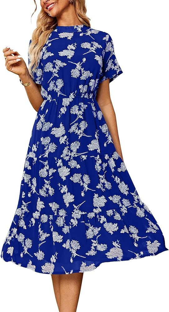 BerryGo Women's Summer Casual Chiffon Flowy High Waist Ruffle Midi Dress Elegant Boho Round Neck ... | Amazon (US)