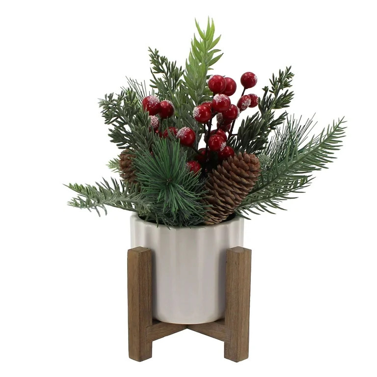 Mainstays 11" Decorative Tabletop Christmas Artificial Tree with Red Berries & Pine in White Ribb... | Walmart (US)
