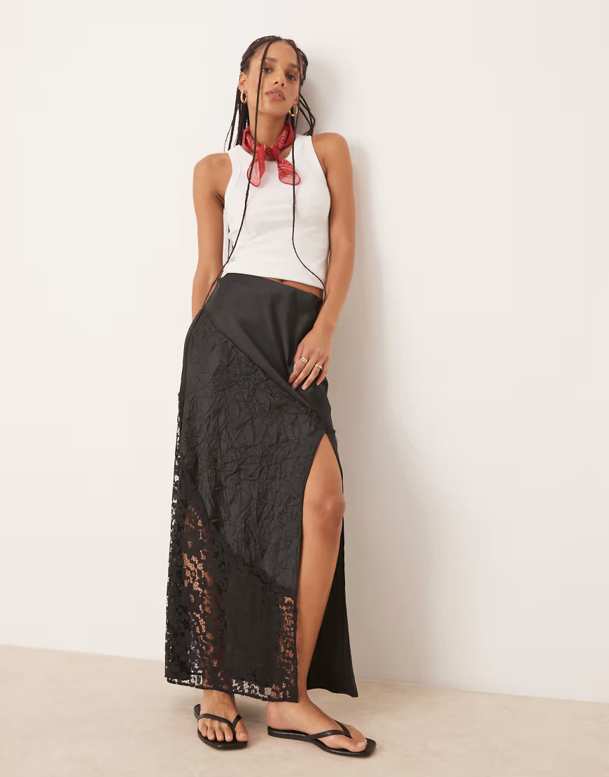 ASOS DESIGN satin crinkle and lace high slit maxi skirt in black | ASOS (Global)