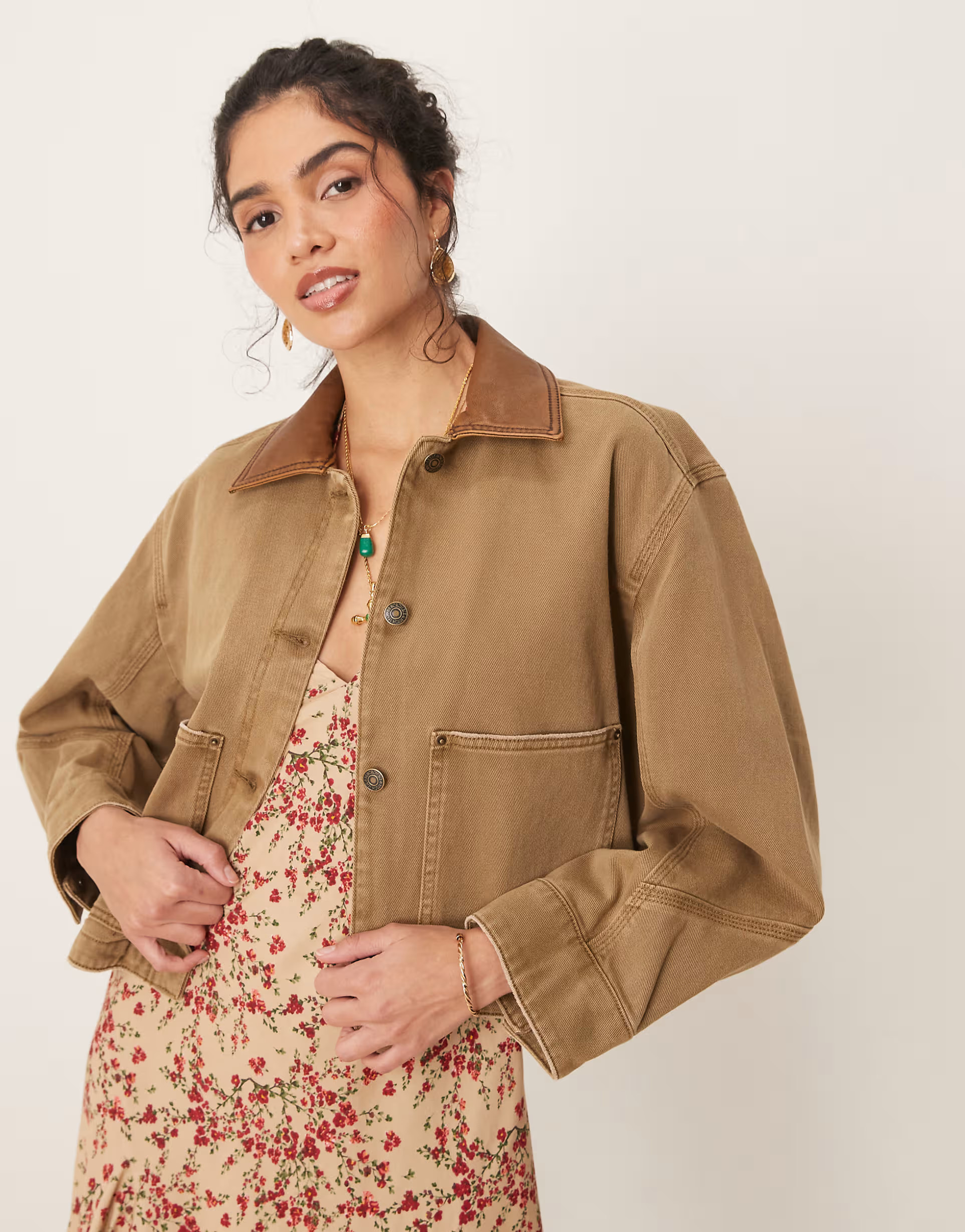 Abercrombie & Fitch short workwear denim jacket in beige | ASOS (Global)