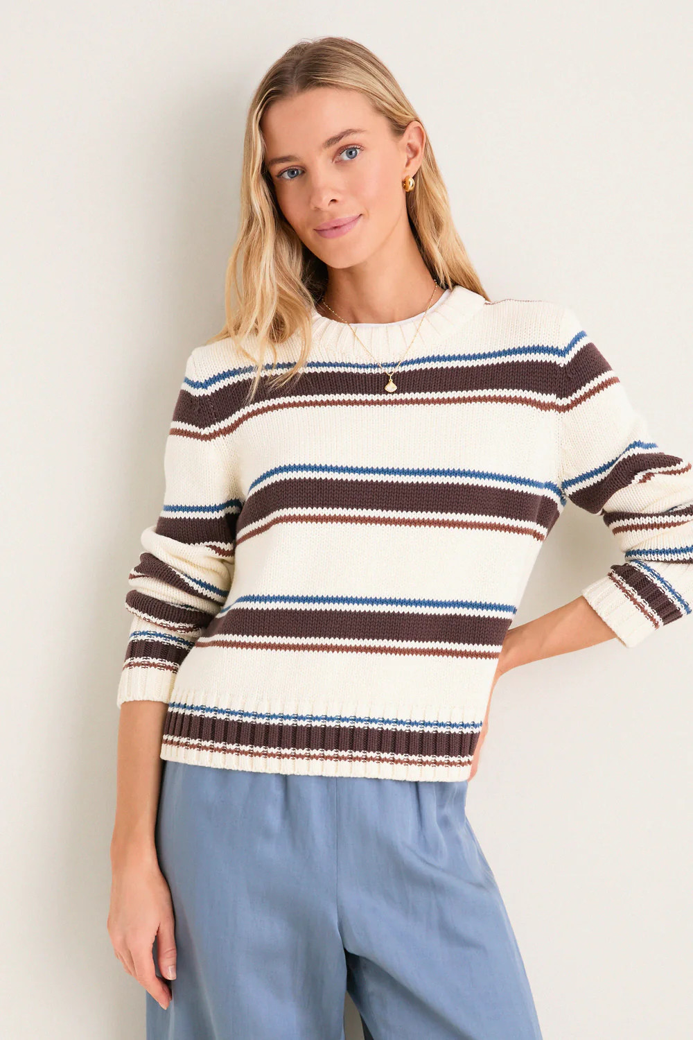 Ivory and Brown Stripe Cotton William Crewneck | Tuckernuck (US)
