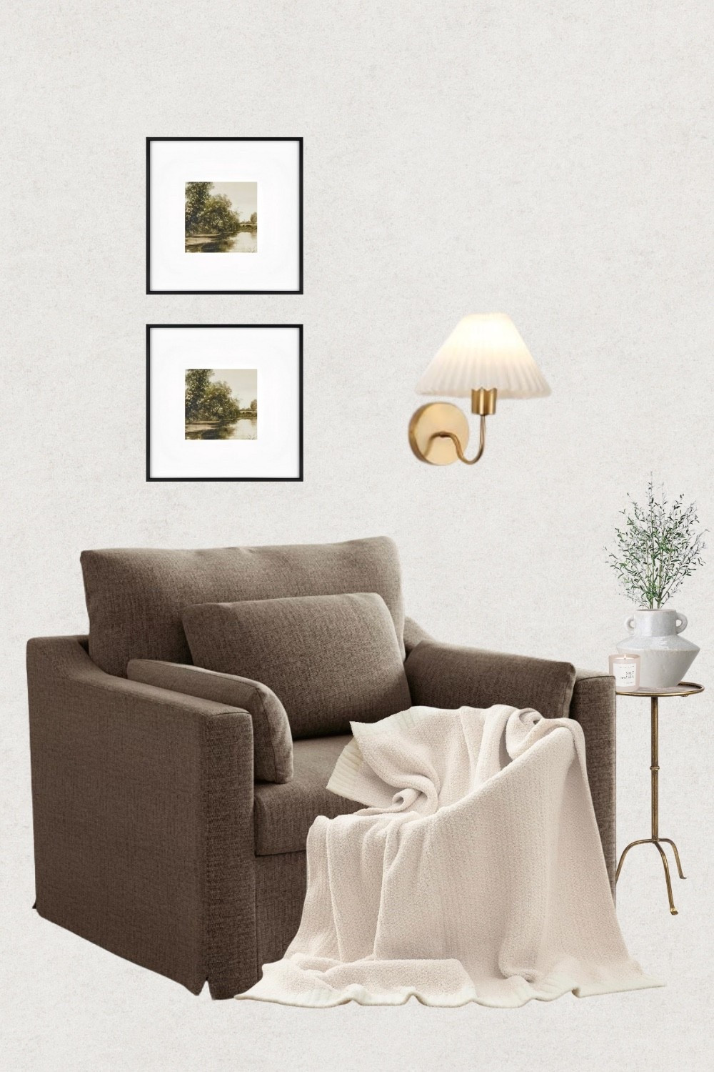 Neutral reading nook setup — oversized chair, brass sconce, framed art, and a textured throw to complete the cozy look.

Linked each item to help you recreate this space.
