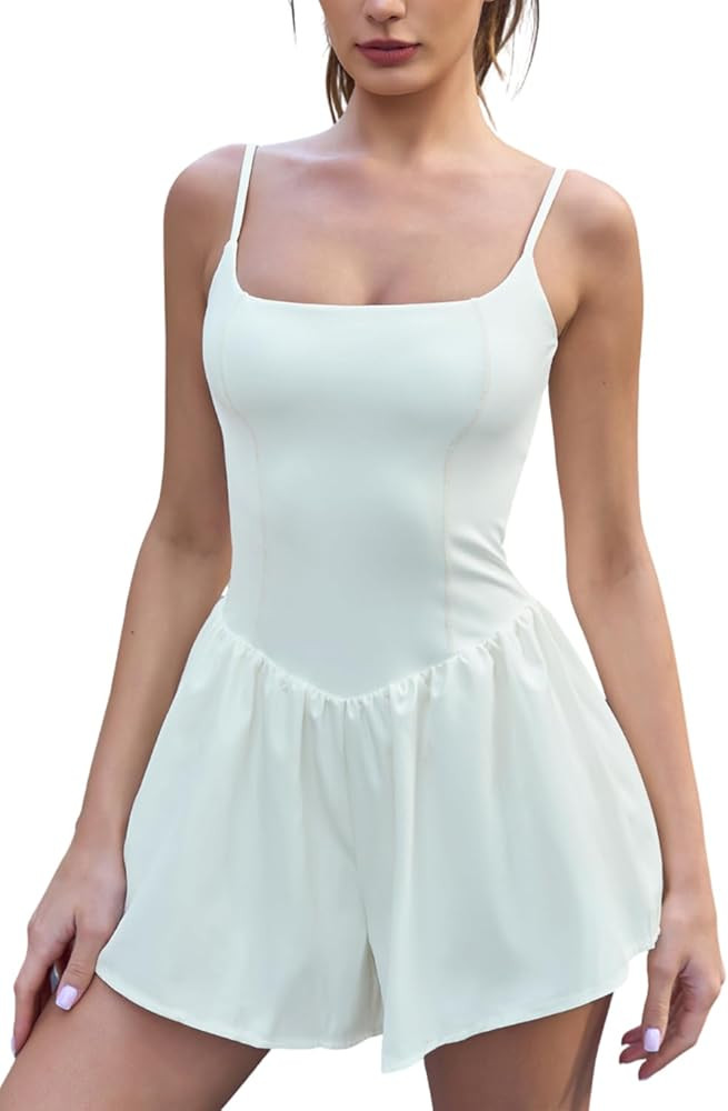 QINSEN Sleeveless Square Neck Romper Jumpsuit for Women Spaghetti Straps Casual Summer Outfits | Amazon (US)