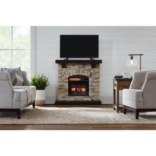 Pembroke 40 in. Freestanding Faux Stone Infrared Electric Fireplace in Tan with Mantel | The Home Depot