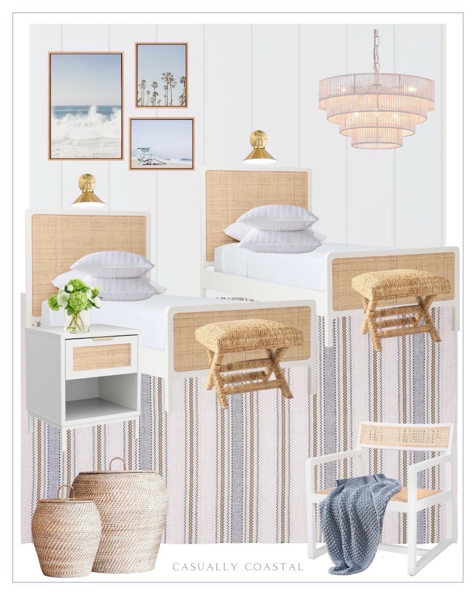 Coastal bedroom design - great for siblings sharing a room, or a guest room at a beach house!
----  
Coastal home decor, coastal style, coastal guest room, coastal bed, coastal rugs, coastal wall art, coastal artwork, coastal chair, beach house guest room, twin size quilt, white quilt, coastal bedding, cane accent chair, white chair, twin sheets set, white sheets, floral arrangement, woven kids bed, coastal twin beds, woven rattan pendant light, coastal round pendant light, Amazon pendant light, gold vintage wireless wall sconce, Amazon wall sconce, wood nightstand with rattan decor drawer, white bedside table, coastal bedside table, Amazon rugs, coastal striped rug, 8x10 rug, 5x7 rugs, blue & white rugs, palm tree art, Amazon artwork, rattan baskets, amazon baskets, wood and woven water hyacinth stool, bedroom benches, pottery barn throw blanket, bed pillows, Amazon pillows, kids bedroom, gender neutral bedroom, coastal furniture, bedroom furniture, woven beds, coastal bedroom, serena & lily look for less, twin size beds, bedroom decor, Bedroom chairs, affordable nightstands, Amazon nightstands, white nightstands, kids nightstands, bedroom rugs, lake house bedroom, beach house bedroom



#LTKHome
