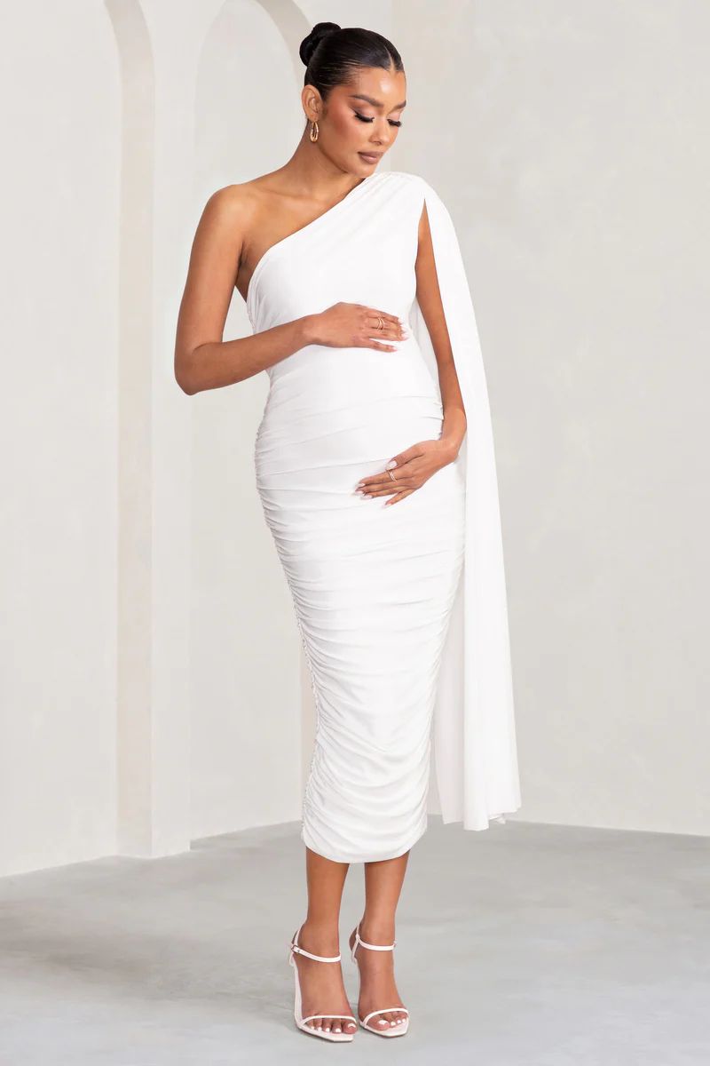 Yara | White One Sleeve Ruched Maternity Midi Dress with Cape Sleeve | Club L London