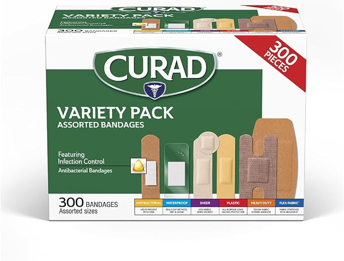 CURAD Assorted Bandages Variety Pack, 6 Styles Including Antibacterial, Waterproof, Sheer, Plasti... | Amazon (US)