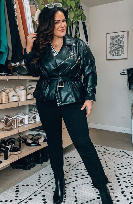 Midsize business casual workwear looks from express Tee xl for a loose fit Stretchy high waisted straight leg jeans wearing a large petite for a cropped look Belt xl 
 Faux leather moto jacket xl

#LTKstyletip #LTKSeasonal #LTKcurves