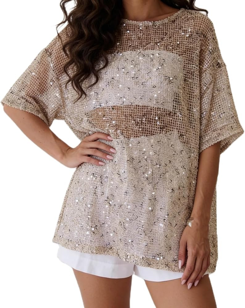 Women Sequin Sheer T-Shirts See Through Sparkly Glitter Short Sleeve Loose Blouse Tee Rave Going ... | Amazon (US)