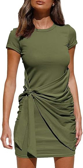 isermeo Women's Summer Casual Short Sleeve Dress Crewneck Bodycon Ruched Tie Waist Mini Dresses S... | Amazon (CA)