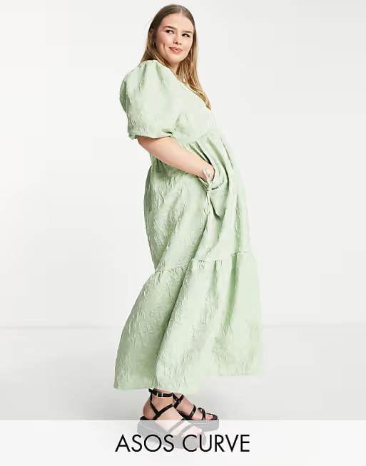 ASOS DESIGN Curve jacquard tiered midi dress with bellow pockets in sage | ASOS (Global)