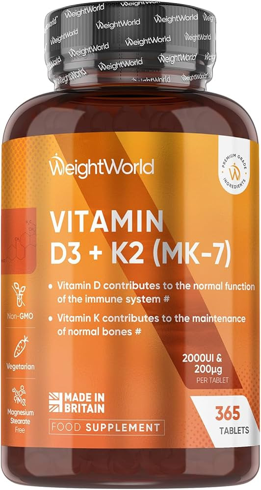 Vitamin D3 K2 Tablets | 365 Tablets | 1 Year Supply | 2000IU Vitamin D3 (Cholecalciferol) | 200mc... | Amazon (UK)