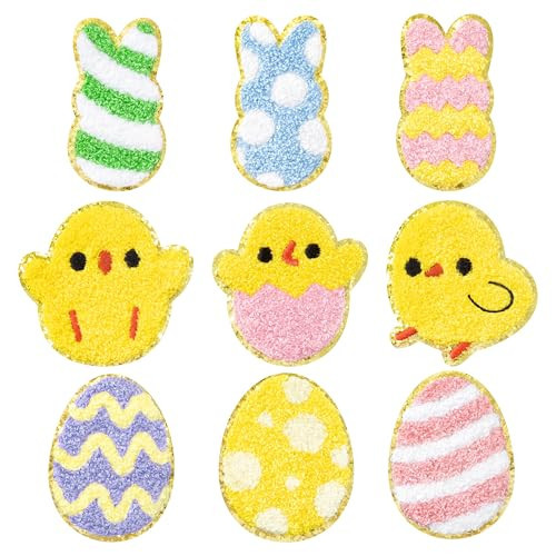 Kirako 9 Pcs Easter Chenille Iron on Patches Colorful Glitter Cute Bunny Rabbit Chick Egg Sew Iron on Repair Embroidered Applique Happy Easter Spring Holiday DIY Crafts Gifts for Clothing Backpack Hat | Amazon (US)