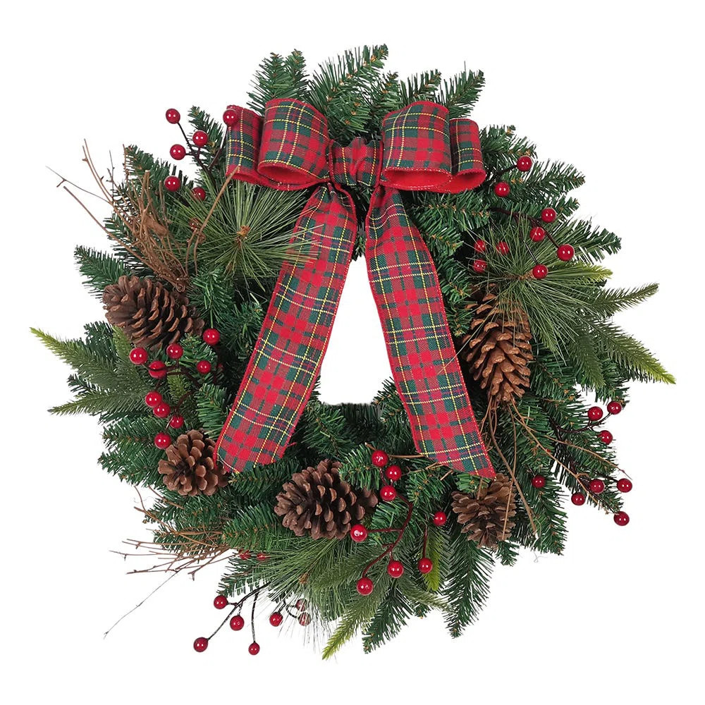 Kurt Adler 24-Inch Decorated Unlit Green Wreath with Bow, Holly Berrys and Cones | Wayfair North America