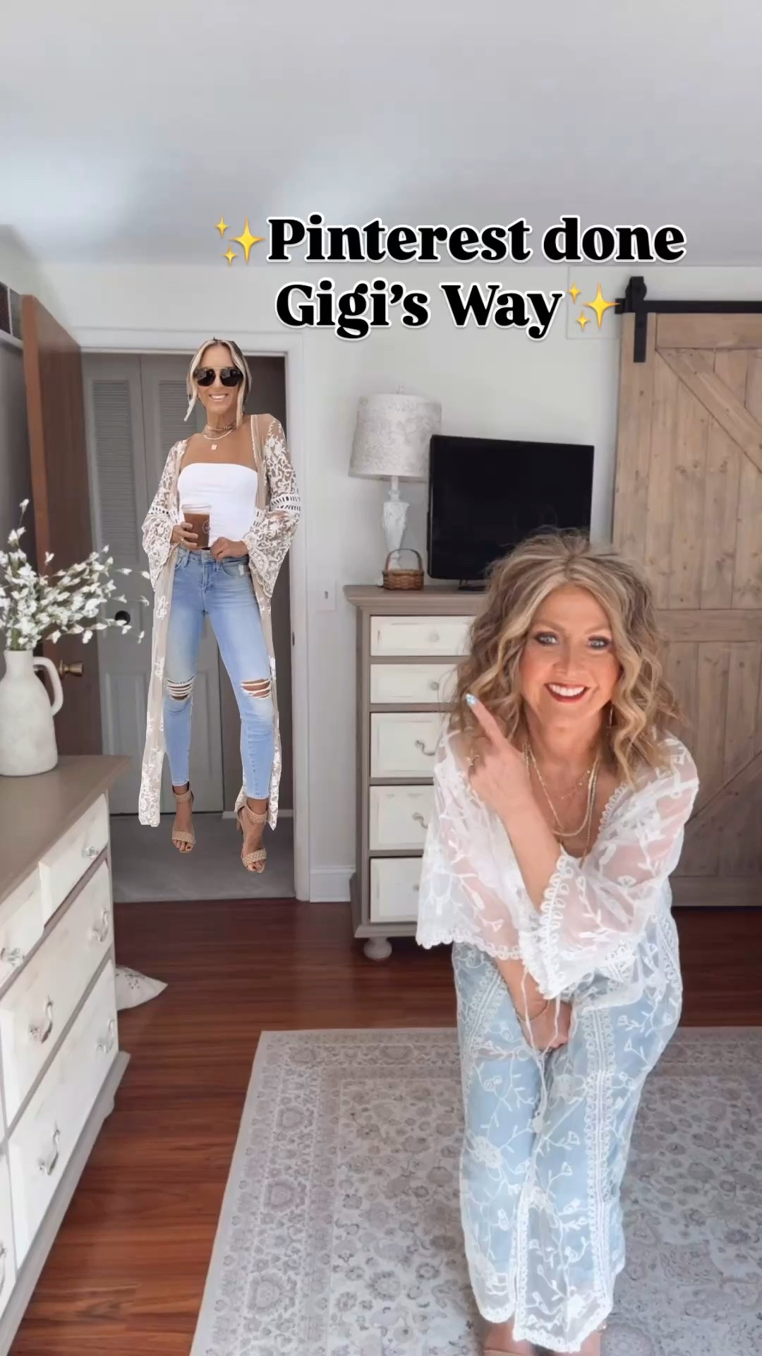 🤗Episode 18 of Pinterest done Gigi’s Way:)
💛I seem to be all about the neutrals, and I have always loved lace. 
😊This is a simple outfit that can be worn by every woman. 
🤔If you’re self-conscious about your arms and thighs, this is a fabulous way to feel comfortable and confident. 
🤍Leave it open or tie it shut. It also looks great with shorts!
🤷‍♀️Full disclosure, I picked up these earrings while standing in line at CVS Pharmacy:)
👡Cosy Island shoes. Link in my bio!