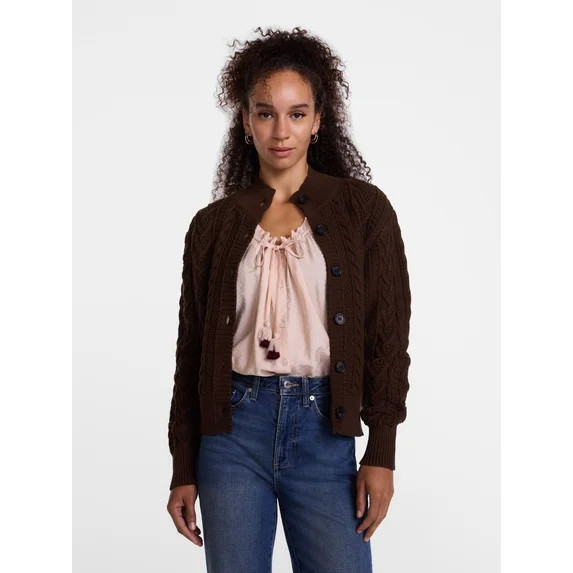 Scenario Woman's Cable Cardigan Sweater with Long Sleeves, Mid-weight, Sizes XS-XXXL | Walmart (US)